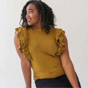 Who What Wear Flutter Sweater Back Button Women’s XL Mustard Yellow Short Slv